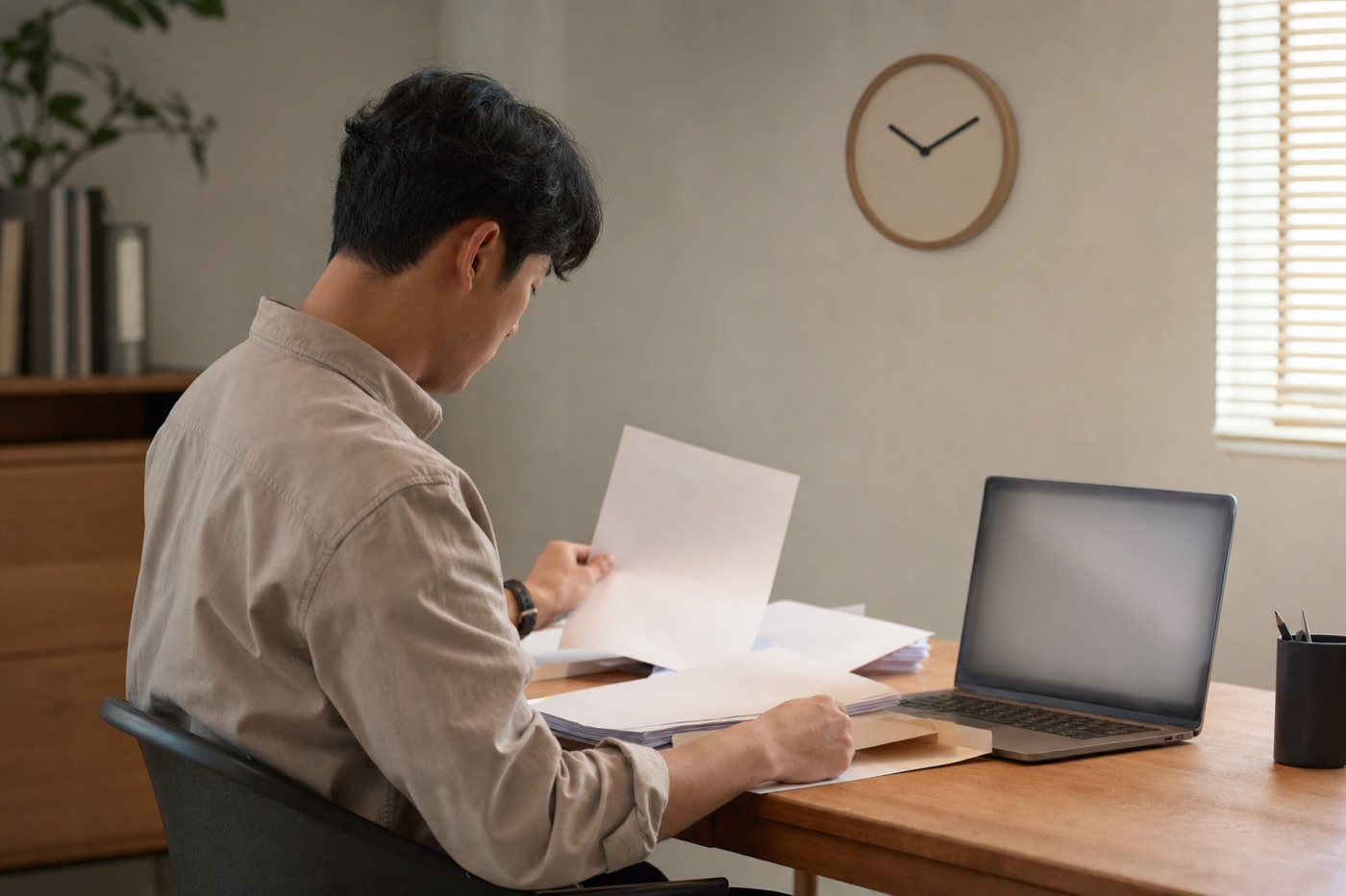 시계 아래에서 서류와 노트북을 대조하며 신고를 바로잡는 대표